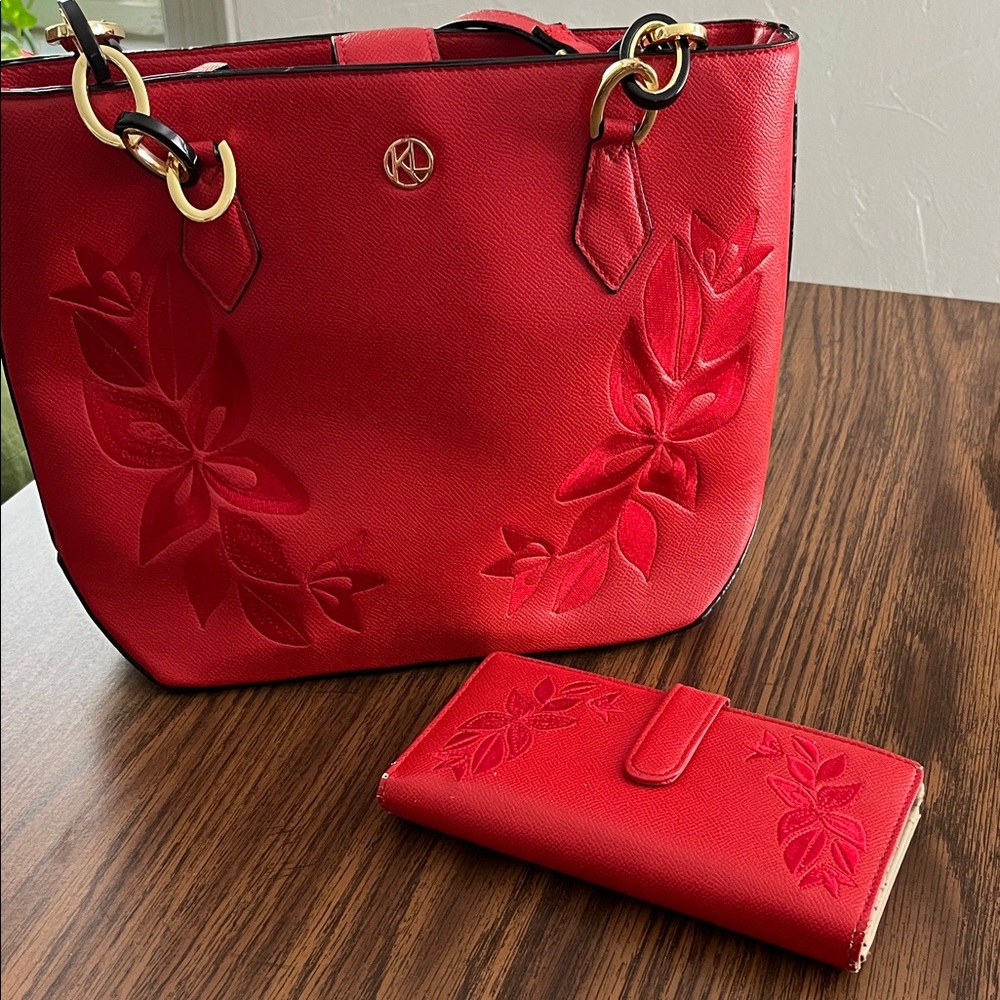 Kate Landry Red Embossed Tote and Wallet